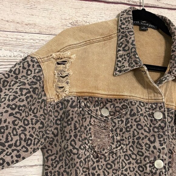 HYFVE Distressed Cropped Denim Leopard Print Jacket Small - Picture 3 of 11